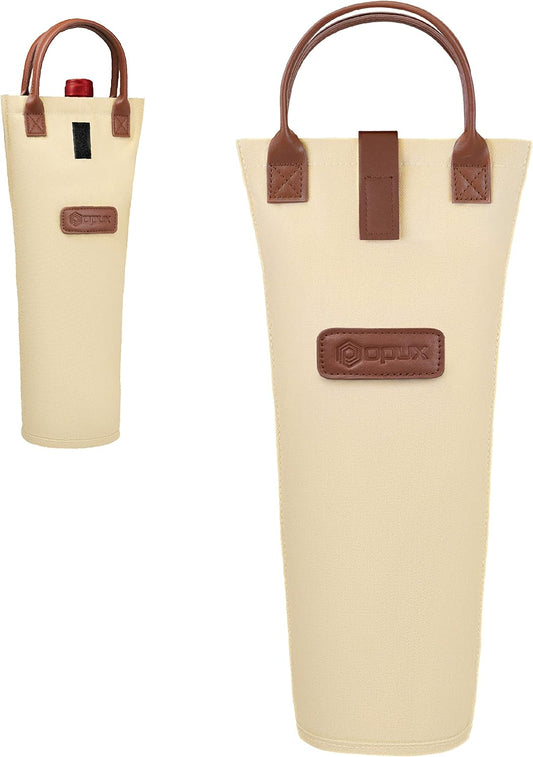 opux Wine Bag Single Bottle Carrier Tote, Insulated Travel Wine Cooler Bag for Picnic Beach Gift, Thermal Padded Portable One Bottle Holder Carrying Case for Women Men Wine Lovers, Cream Beige