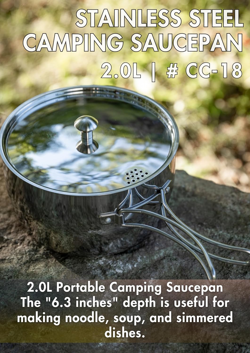 CAMPINGMOON 2 Quart Camping Saucepan 3-ply Stainless Steel Cooking Pot w/Lid Foldable Handle Compact Storage Portable IH Compatible CC-18