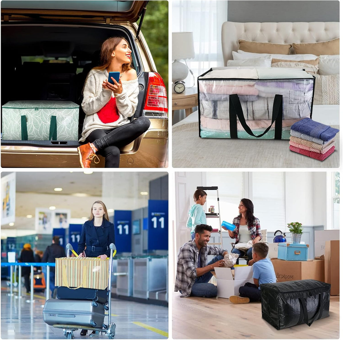 BALEINE 4-Pack Oversized Moving Bags with Reinforced Handles, Heavy-Duty Storage Tote for Clothes, Moving Supplies (Color Strip, 4-Pack)