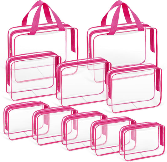 TISRATOK 10 PCS Clear Travel Makeup Toiletry Bag, Plastic PVC Cosmetic TSA Approved Organizer Kit with Zipper Handbag（Rose Red）
