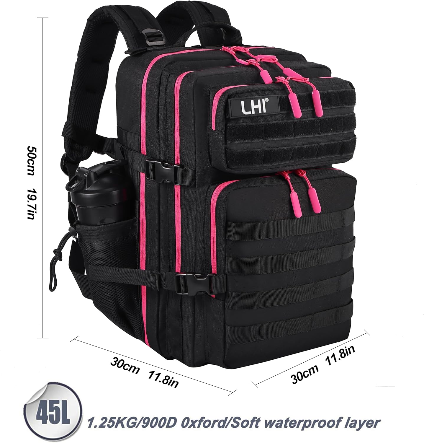 LHI Military Tactical Backpack for Men and Women 45L Army 3 Days Assault Pack Bag Large Rucksack with Molle System - Black with red zipper