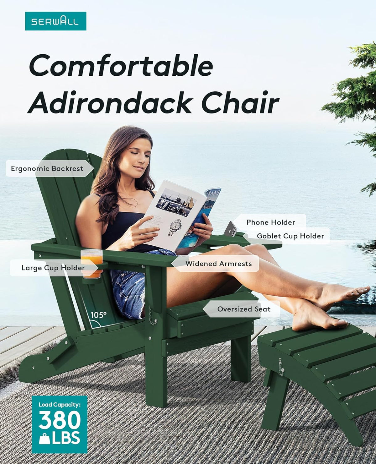 SERWALL Adirondack Chair with Cup Holders - Composite Adirondack Chairs HDPE Outdoor Chairs All Weather Use- Green