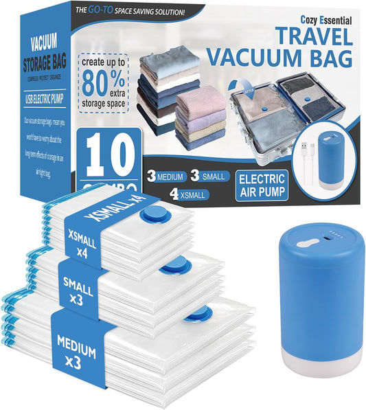 Cozy Essential Travel Vacuum Bags with Rechargeable Electric Pump, 10 Pack Vacuum Travel Bags for Luggage and Suitcase, Vacuum Seal Space Saver Compression for Clothes Clothing
