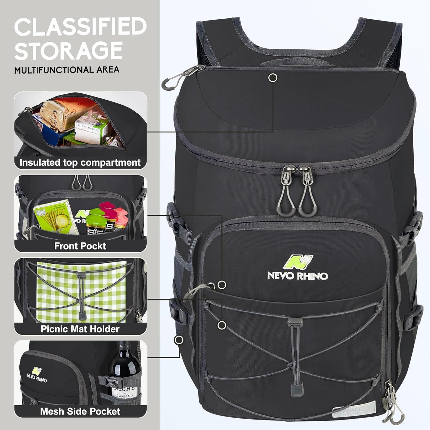N NEVO RHINO Backpack Coolers Insulated Leak Proof 36/54 Cans,Portable Lightweight Waterproof Insulated Cooler Backpack for Men & Women Ideal for Camping,Travel,Beach,Picnics,Lunch & Day Trips