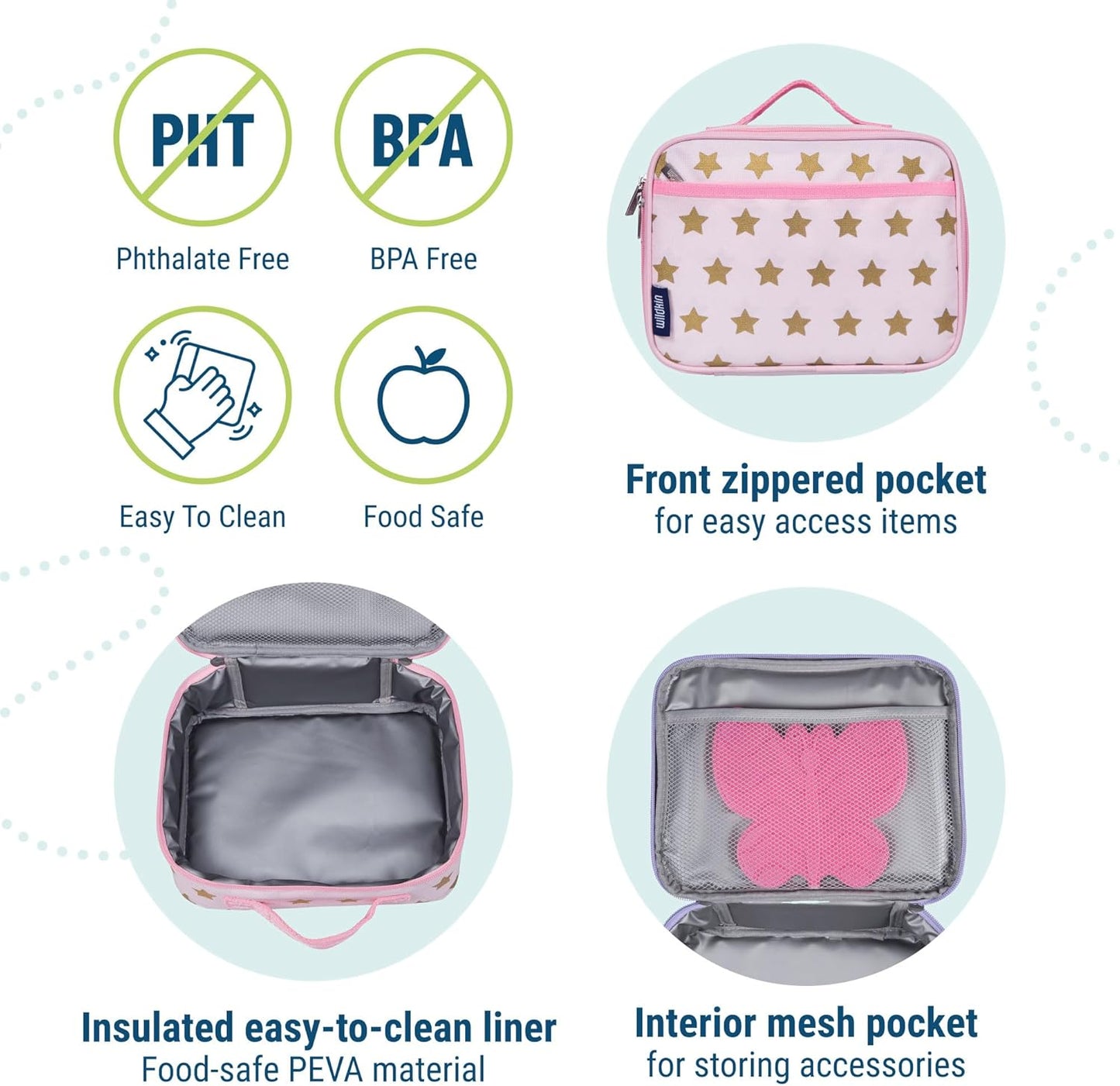 Wildkin Kids Insulated Lunch Box – Durable and Reusable for School & Travel - Pink and Gold Stars