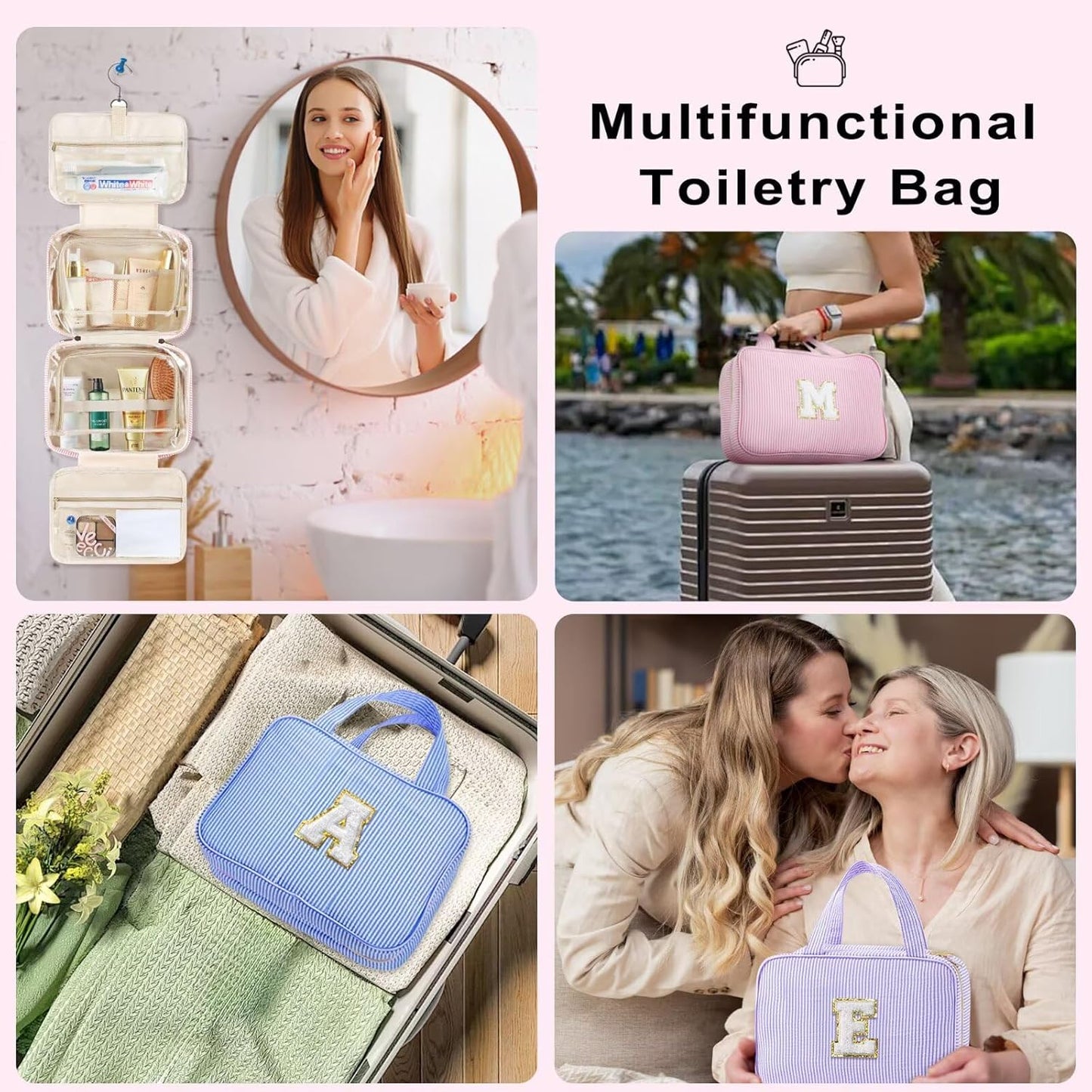 TOPEAST Hanging Toiletry Bag for Women - Portable Makeup and Travel Bag, Cruise Ship Essentials - Letter B
