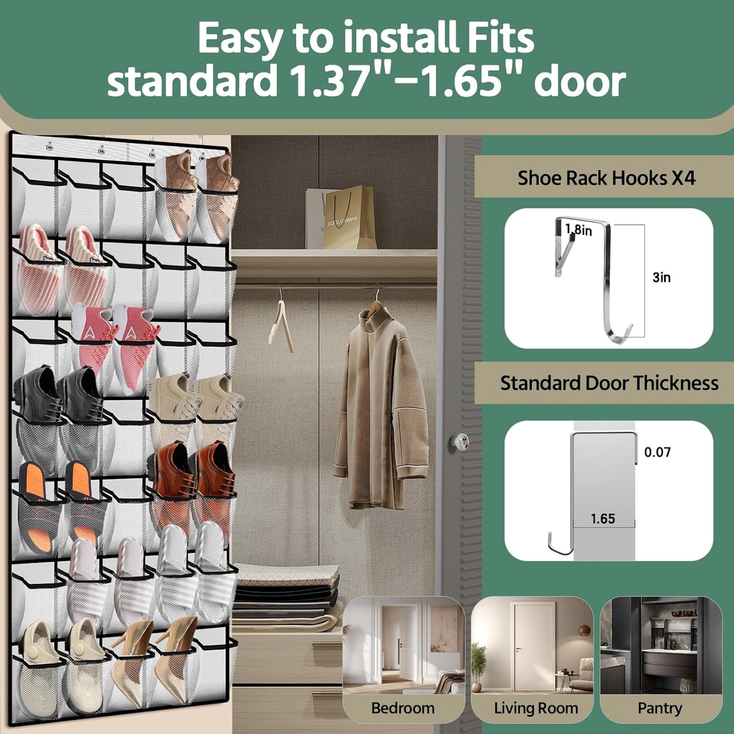 35 Pocket Over the Door Shoe Organizer,Reusable Breathable Large Mesh Bag Men's & Women's Sneaker Organizer,Shoe Organizer for Kids,Hanging Shoe Storage Hanging Bag (2PCS-White)