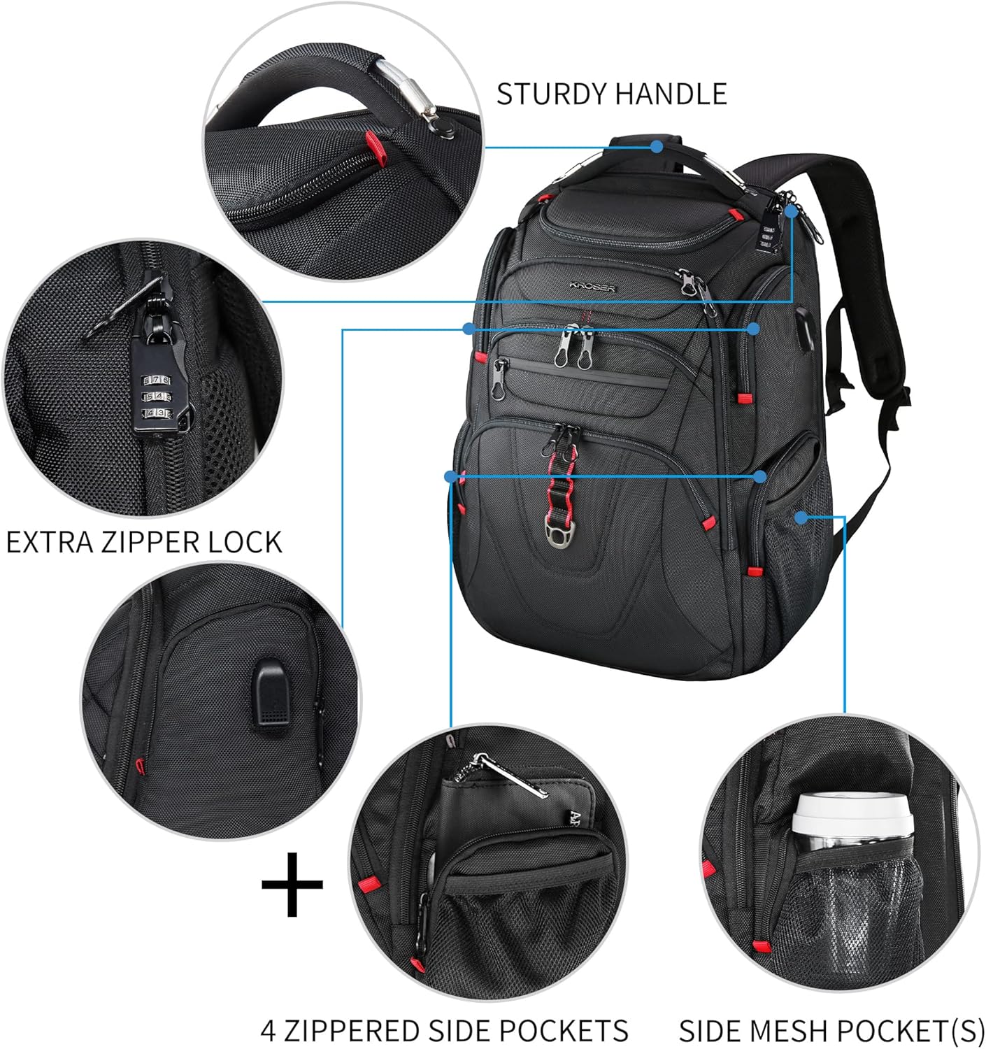 KROSER TSA Friendly Travel Laptop Backpack 17.3 inch XL Computer Backpack Water-Repellent College Daypack Business Backpack with RFID Pockets & USB Port for Men/Women-Black