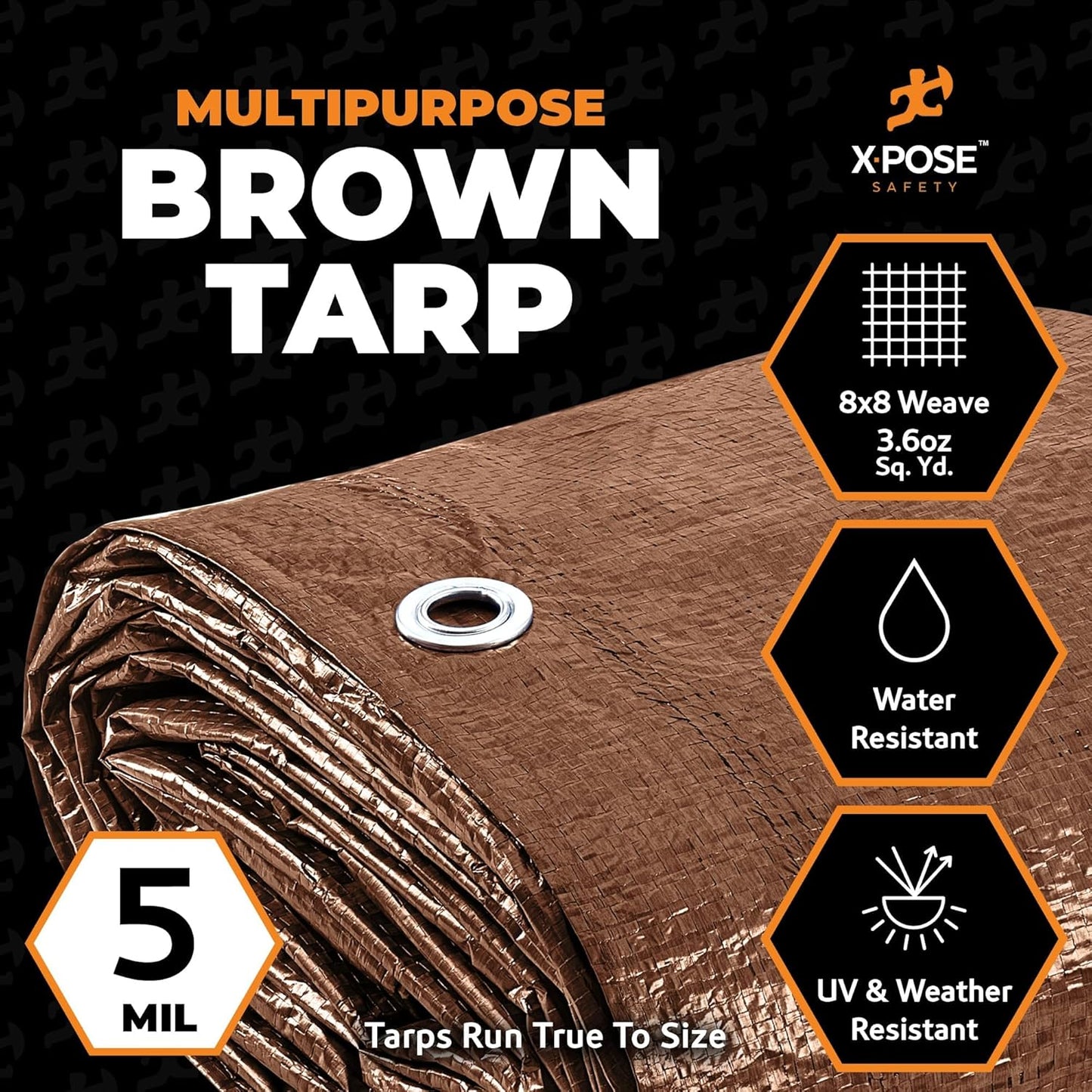 Multipurpose Protective Cover Brown Poly Tarp 10' x 16' - Durable, Water Resistant, Weather Resistant - 5 Mil Thick Polyethylene - by Xpose Safety