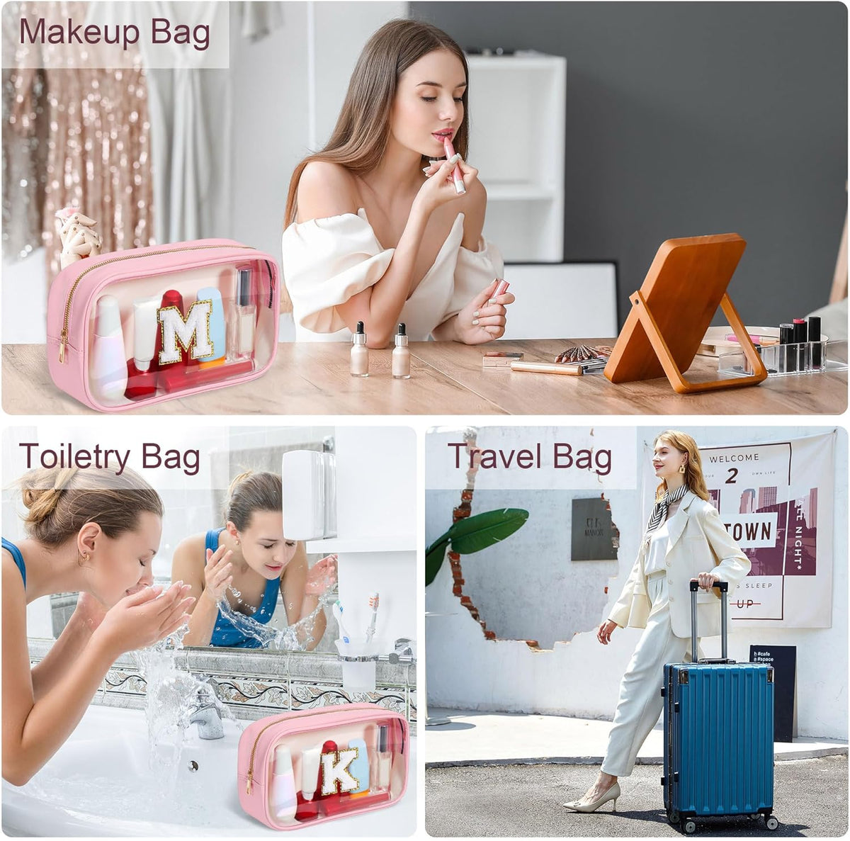 YOOLIFE Travel Toiletry Bag for Women, Pink Clear Makeup Bag Cute Make Up Bag for Women Cosmetic Bags Skin Care Makeup Bag Organizer Birthday Gifts for Women Teacher Mother Girlfriend Initial T