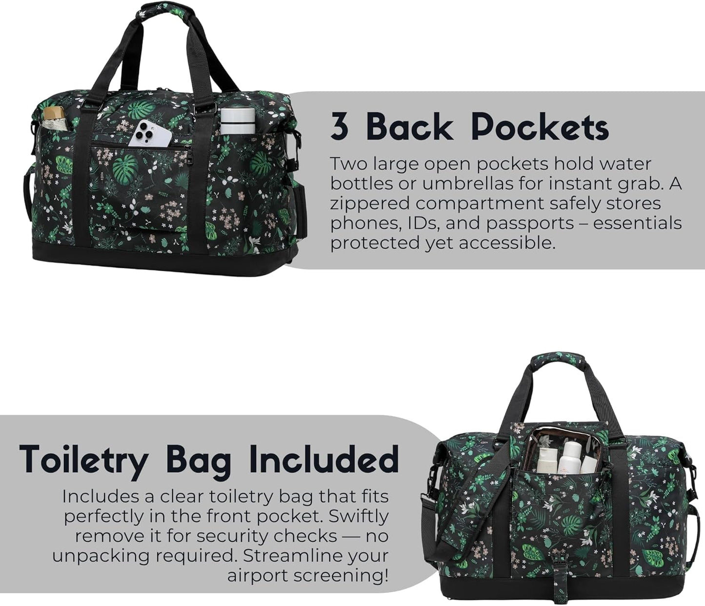 SUNNY BIRD Duffel with Utility Pouch, 40L Weekender Overnight Bag with Shoe Compartment for Travel and Sports (Floral & Foliage)