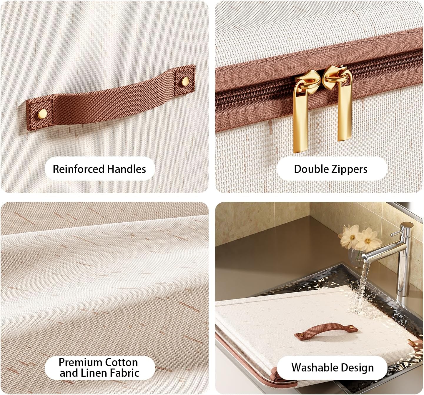 Tuza 3 Pcs Rigid Storage Bins with Zipper Lid, Cotton Linen Fabric Storage Boxes, Foldable Shelves Clothes Storage Cubes with Handles for Wardrobe, Closet(Beige, 56L)