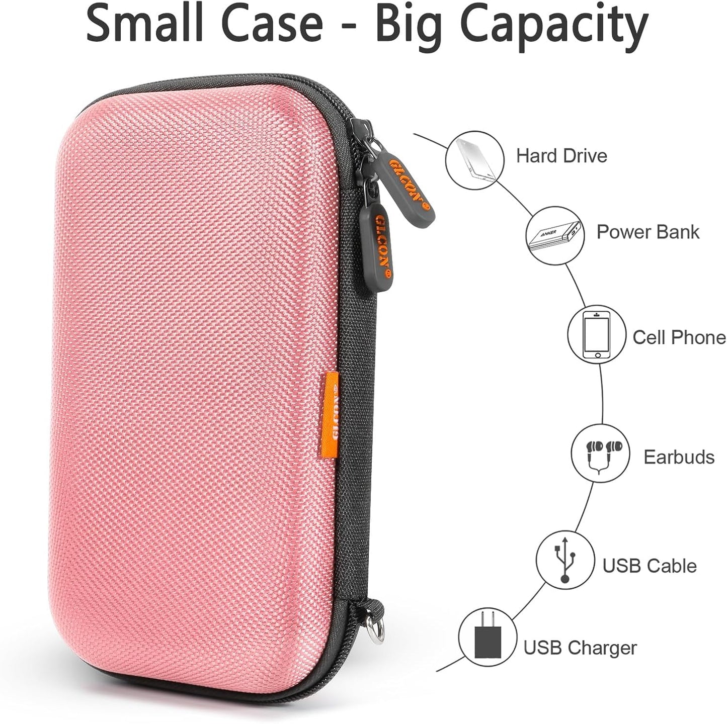 Shockproof Hard EVA Carrying Case for External Hard Drive, Samsung T9, Anker Power Bank, Cell Phone - Portable Small Electronic Accessories Organizer Zipper Kawaii Travel Pouch - Light Pink