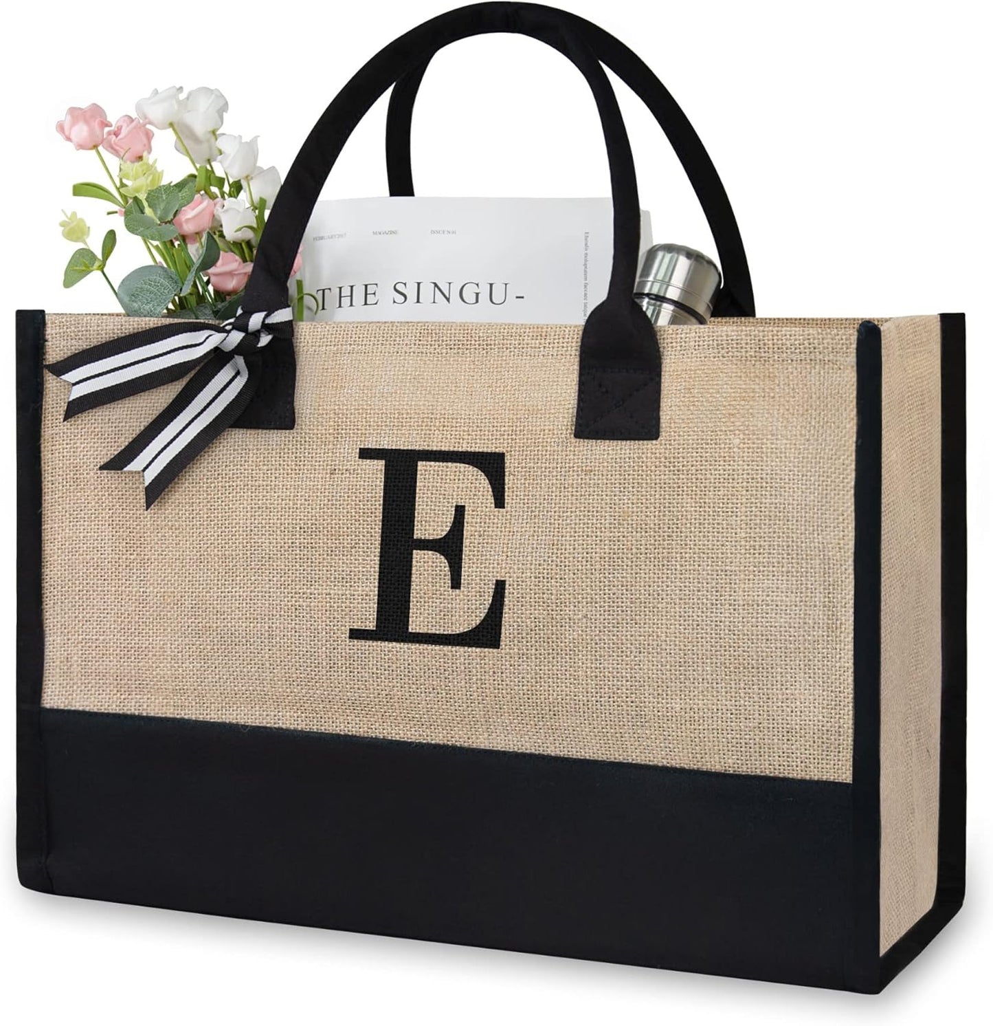 TOPDesign Initial Jute/Canvas Tote Bag, Personalized Present Bag, Suitable for Wedding, Birthday, Beach, Holiday, is a Great Gift for Women, Mom, Teachers, Friends, Bridesmaids (Letter E)