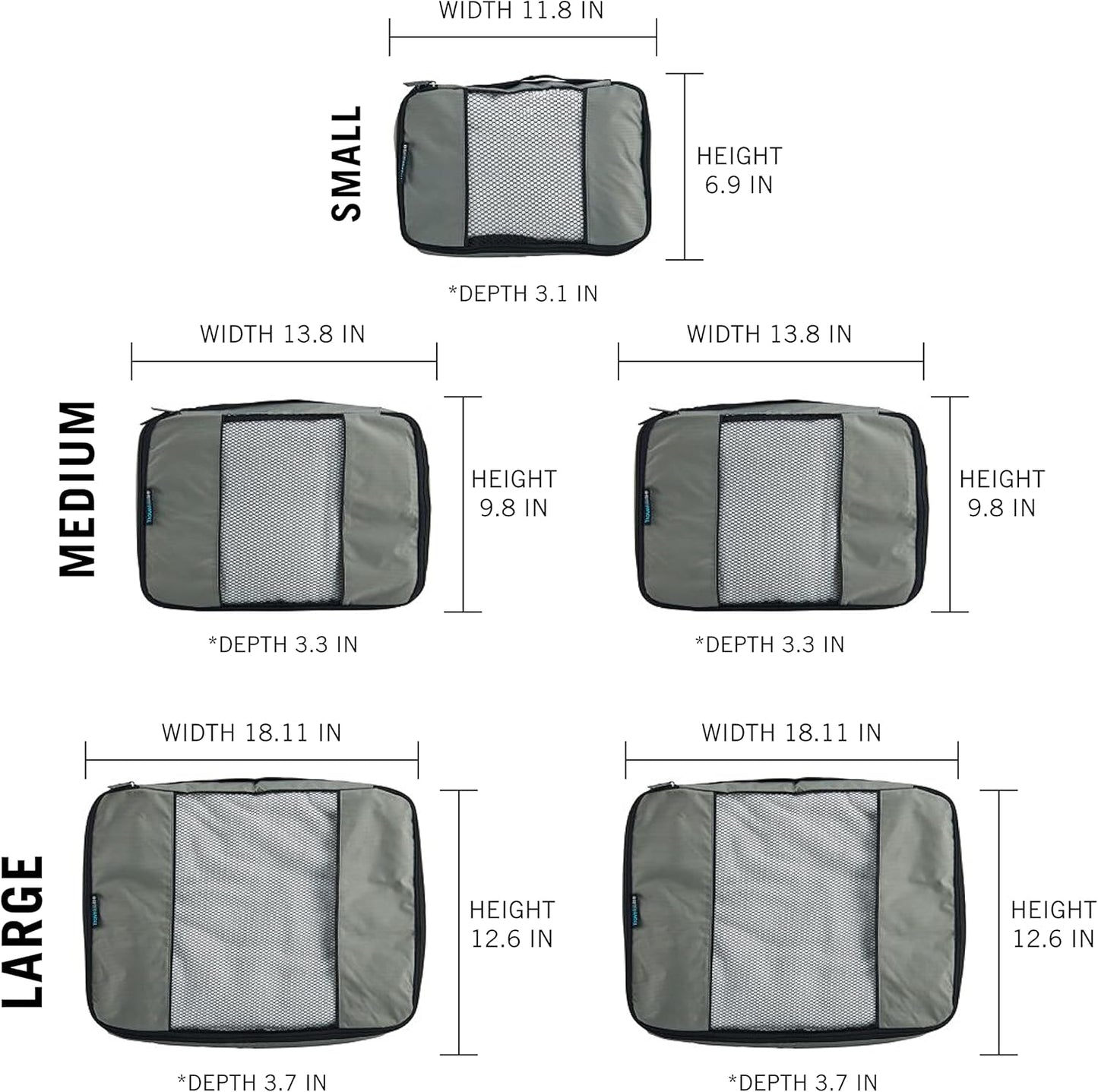 TravelWise Packing Cube System - Durable 5 Piece Weekender Plus Set (Silver)