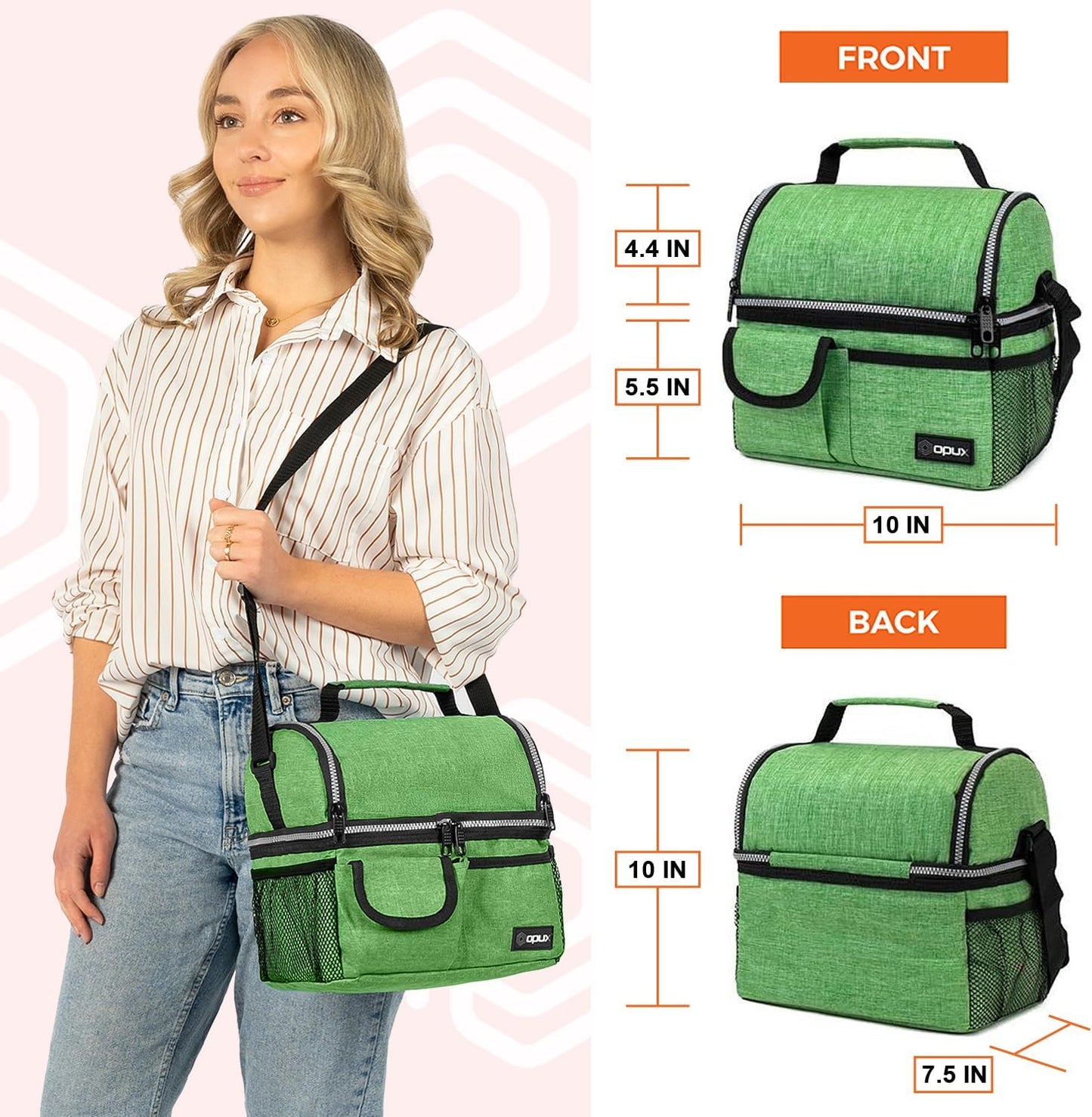 opux Lunch Box for Men, Adult Lunch Box Cooler, Insulated Lunch Bag Women, Dual Compartment Lunchbox for Work, Leakproof Double Decker Lunch Bag, Soft Lunch Pail Tote Boys Girls Kids School, Green