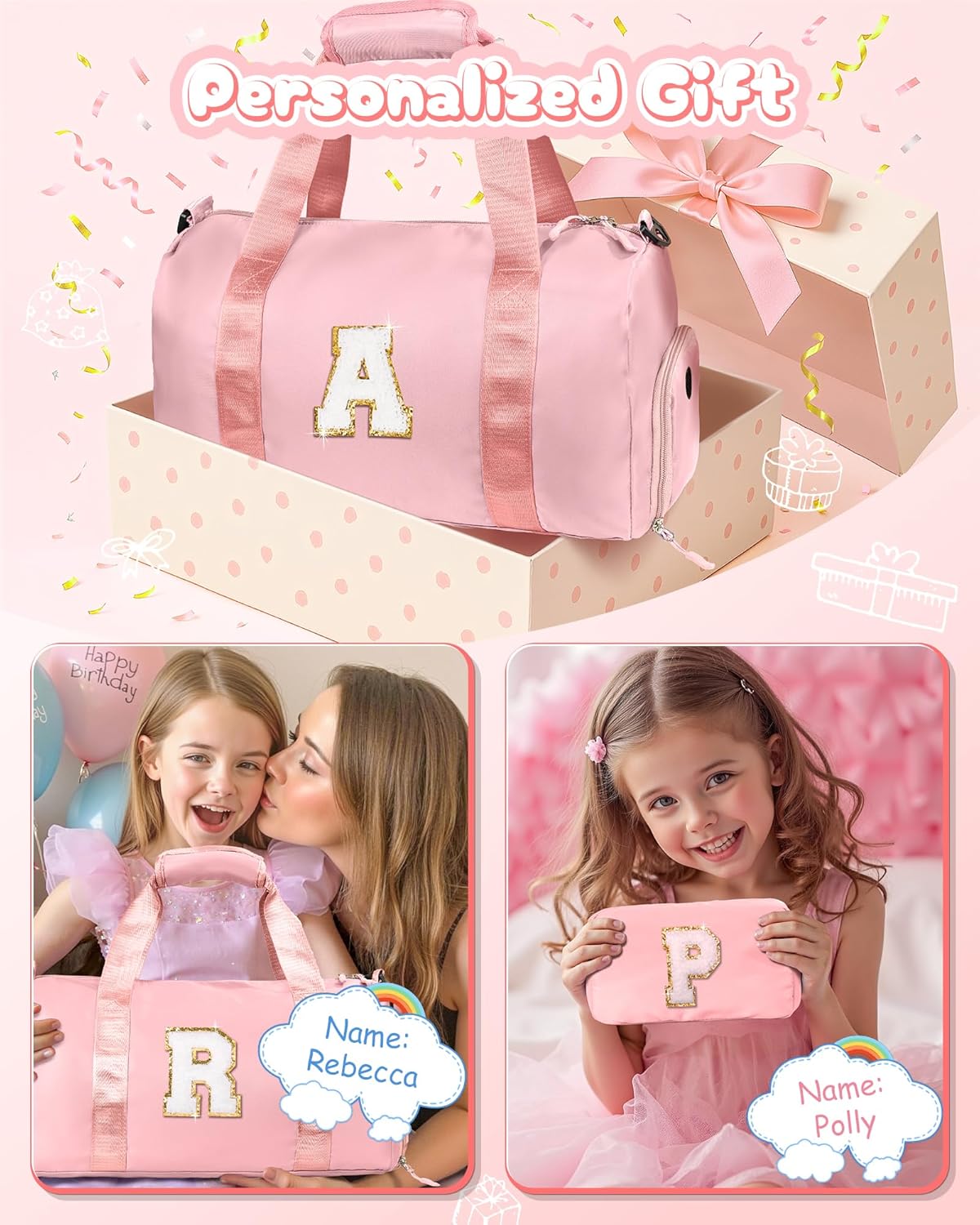 7 Year Old Girl Birthday Gifts Granddaughter-Girl Gym Bag with Shoe Compartment, Kid Personalized Weekender Overnight Bags, Travel Tote with Makeup Pouch, Niece Girls Birthday Gift (Letter L)