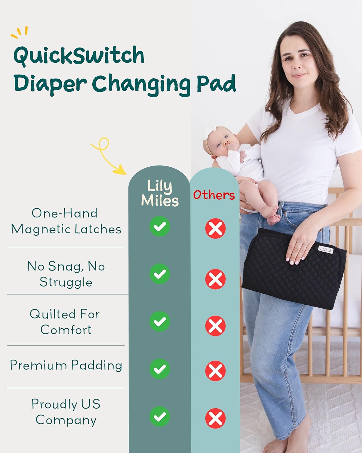 Diaper Changing Pad Portable with Magnetic Latches, Baby Diaper Changing Mat, Travel Pad for Diaper Bag, Baby Essentials, Wipeable & Waterproof Mat (Black Twill, Regular)