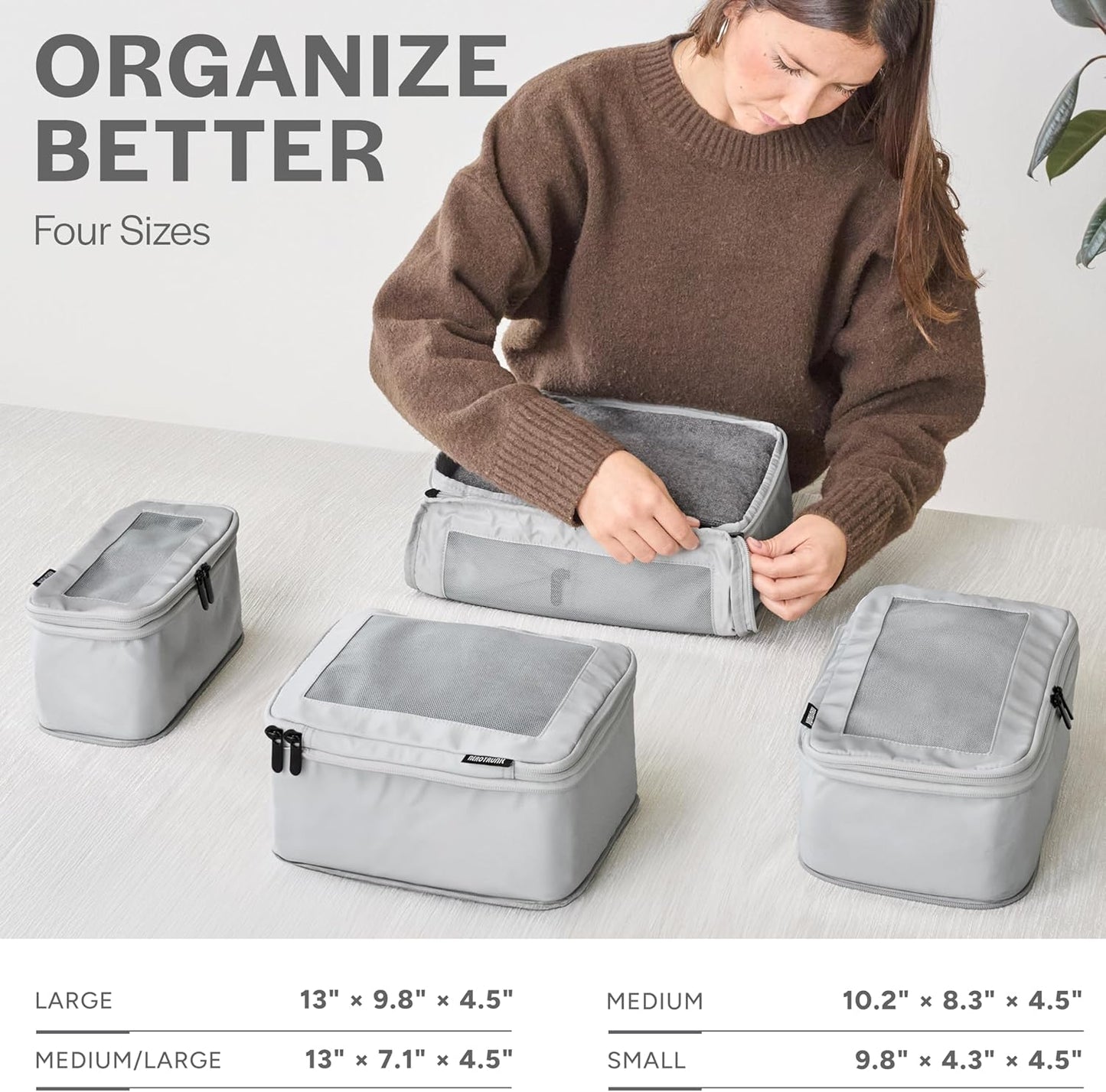 Aerotrunk Compression Packing Cubes for Travel - Luggage Organizer Bags - Double Zipper Packing Cubes for Suitcases (4-Pack, Light Grey)