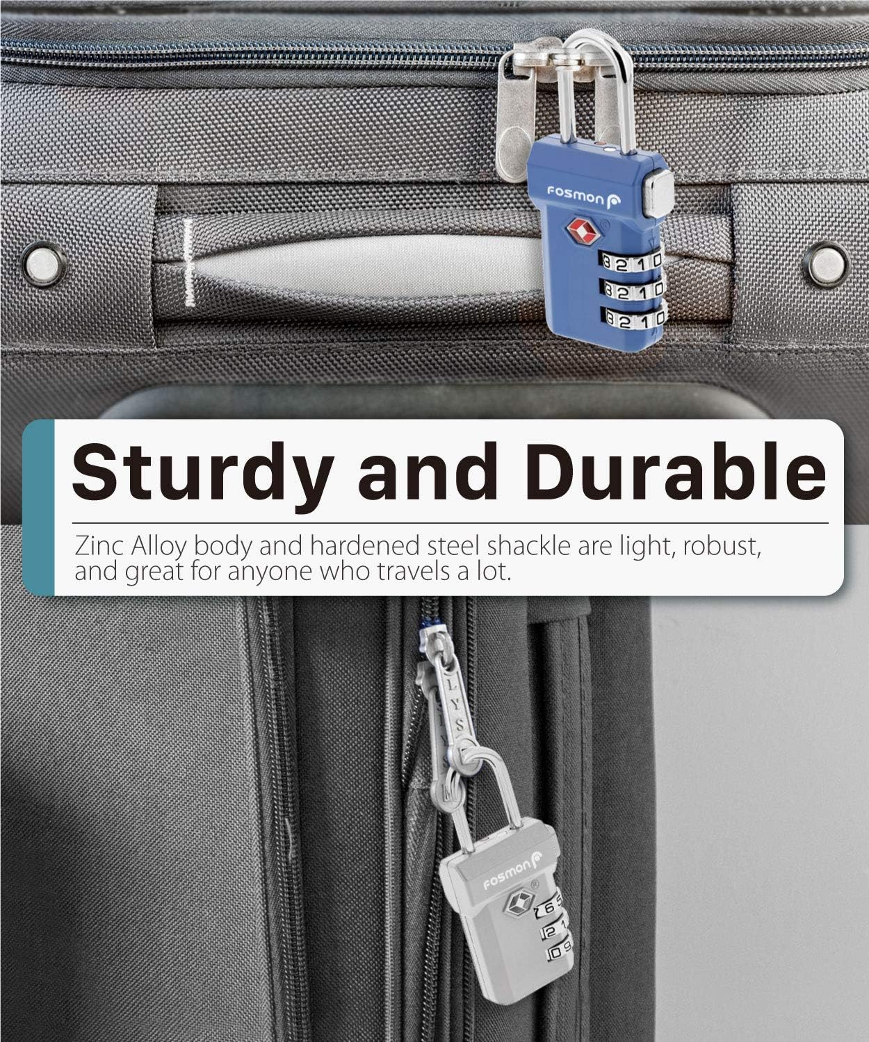 Fosmon TSA Approved Luggage Locks, Suitcase Travel Lock with Push Release Button for Extra Security, 3 Digit Combination Padlock for Gym Locker, Backpack Zipper Anti Theft, Gun Case - Silver, 2 Pack