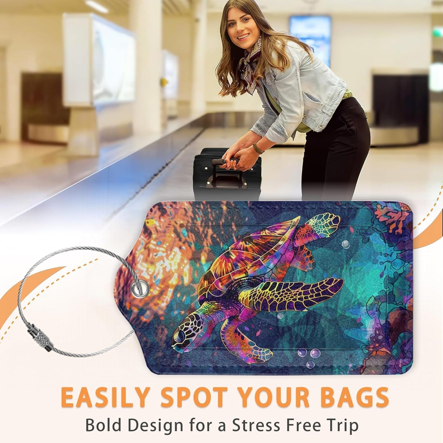 Colorful Turtle Shark 3 Pack PU Leahter Luggage Tag with Stainless Steel Loop, Cute Dolphin Jumping Sunset Travel Suitcase Labels with Privacy Cover ID Label Quickly Spot for Bags