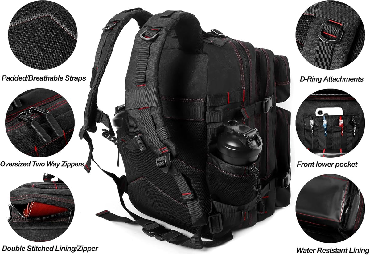 LHI Military Tactical Backpack for Men and Women 45L Army 3 Days Assault Pack Bag Large Rucksack with Molle System - Black With Red Line