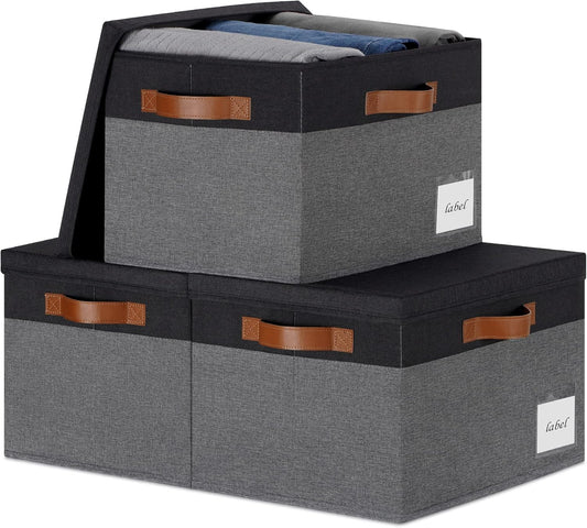 Large Storage Bins with Lids, Foldable Fabric Storage Baskets with Lids, Sturdy Storage Boxes with Labels and 3 PU Handles for Closet Home Bedroom Office (26L, 3 Packs, Grey&Black)