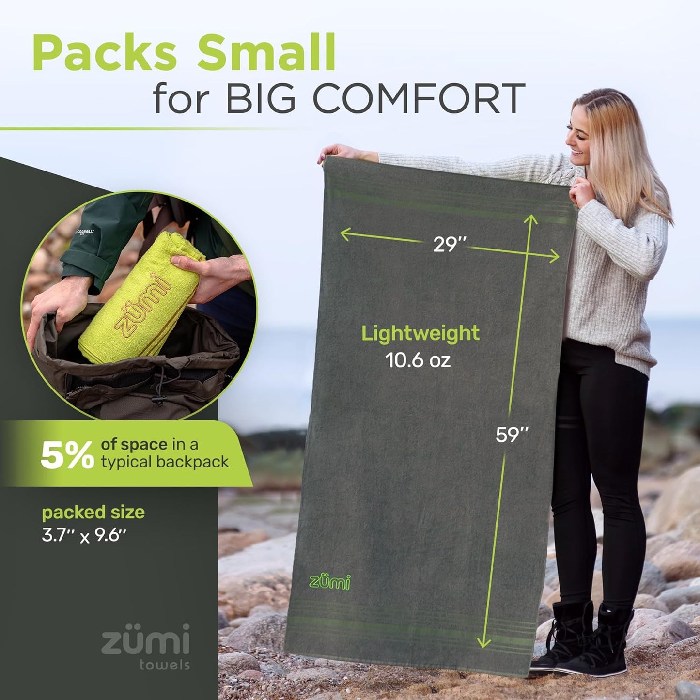 Zumi 100% Cotton Quick Dry Large Travel Towel - Soft, Thin, Compact, Highly Absorbent, Lightweight Camping Towel for Beach, Gym, Bath, Shower, Swimming, Dorm, RV - Gray