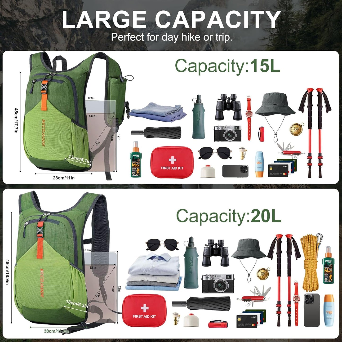 15L Small Hiking Backpack for Men Women Foldable Packable Back Pack Ultralight Hiking Daypack for Travel Camping Outdoor, Olive Green