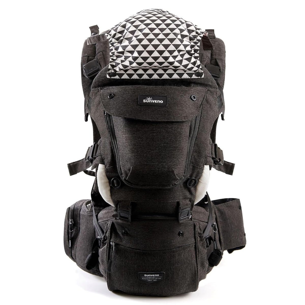 SUNVENO 3 in 1 Ergonomic Baby Carrier with Hip Seat for Newborns and Toddlers, Supports 20 lbs and Up, Waist and Back Relief with Large Weight Capacity for All Season Use,Black