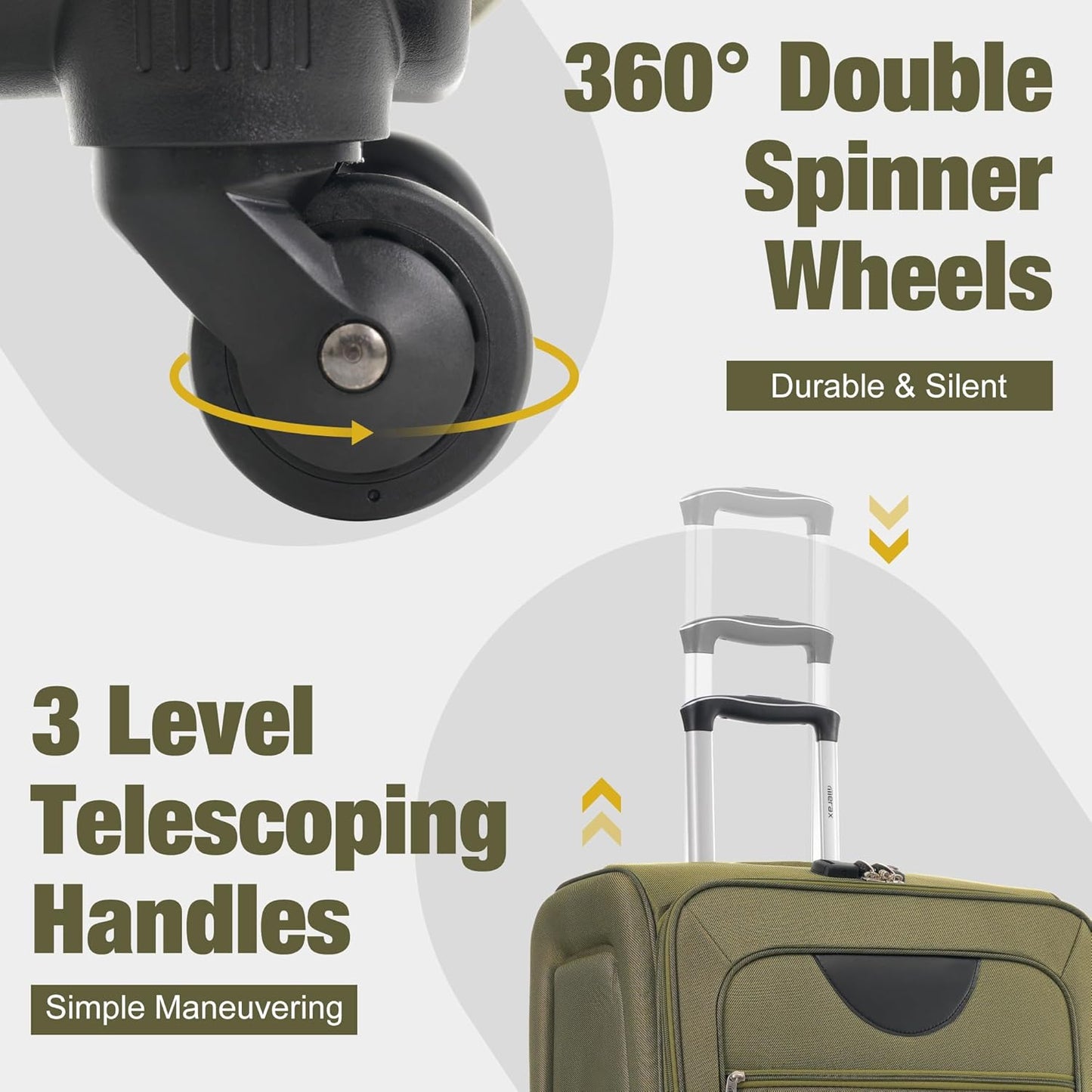 Merax Softside Luggage Set Softshell Lightweight 3 Piece Spinner Suitcase 22" 26" 30" Army Green