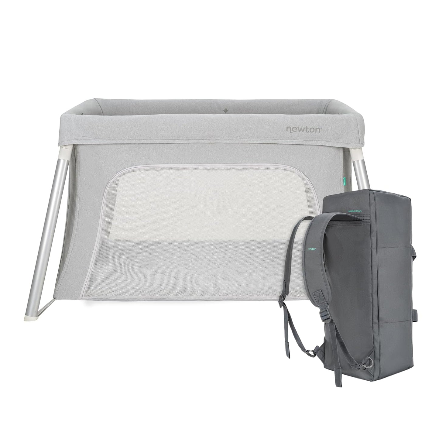 Newton Baby Compact Travel Crib & Play Yard | Breathable & Washable Mattress, Foldable Carry-On Size, Backpack Straps, Gray, Newton Bassinet Attachment NOT Compatible