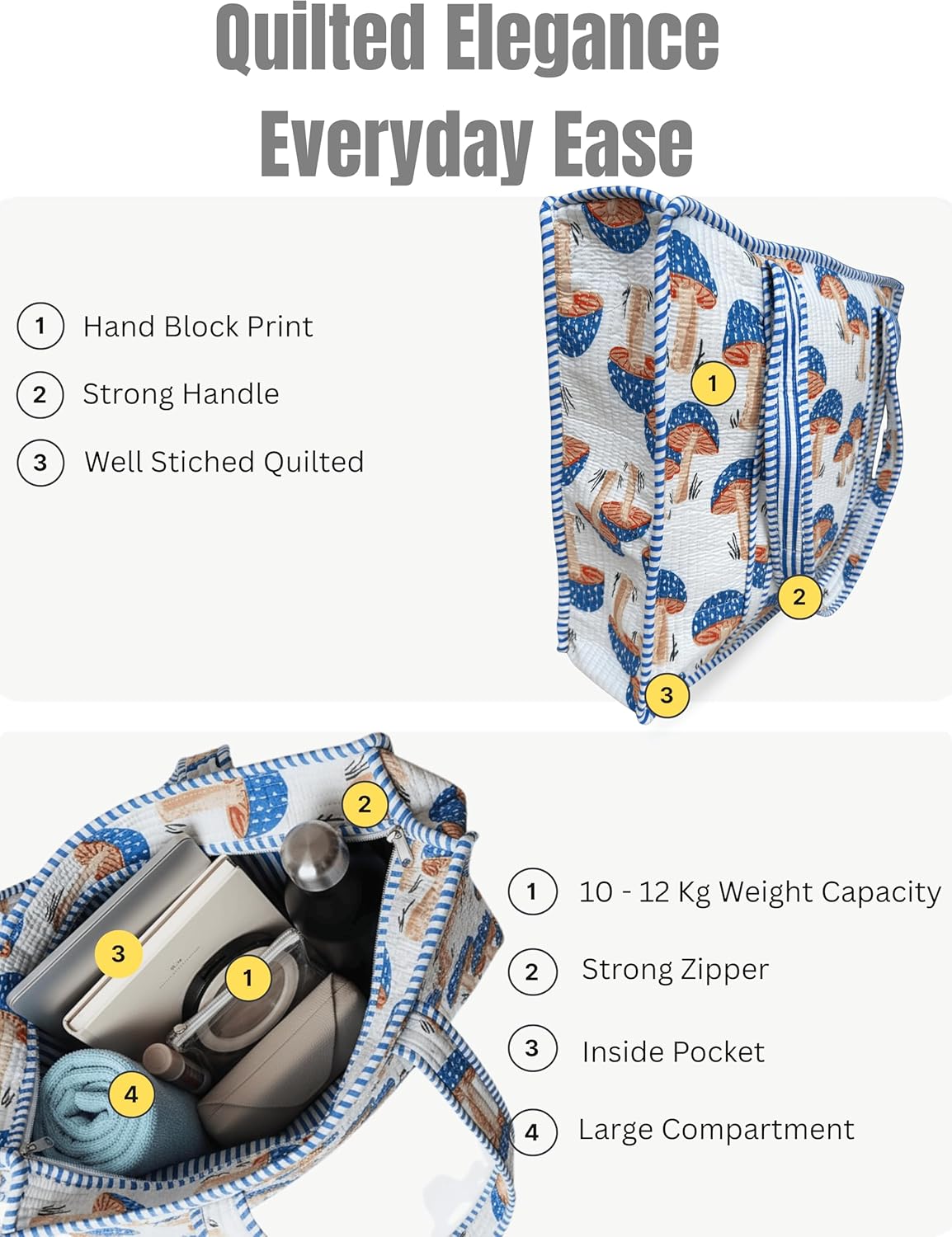 Cotton Quilted Tote Bag for Women – Large Beach & Travel Tote with Zipper, Reusable Grocery Bag
