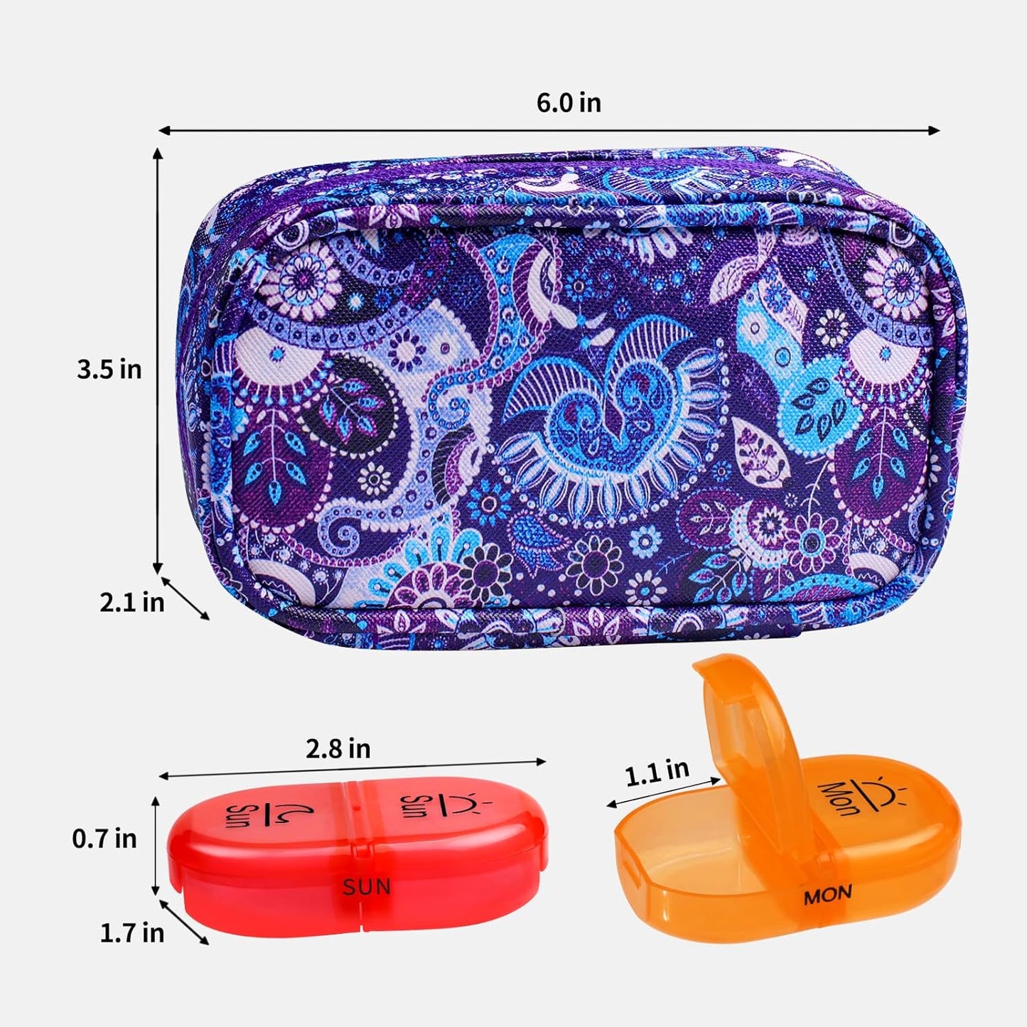 Serfeymi Weekly Travel Pill Organizer 2 Times A Day AM PM Upgraded Rainbow Pill Box 7 Day with Portable Zipper PU Leather Pill Case, Medicine Organizer for Pills, Vitamins, Fish Oils - Purple-01