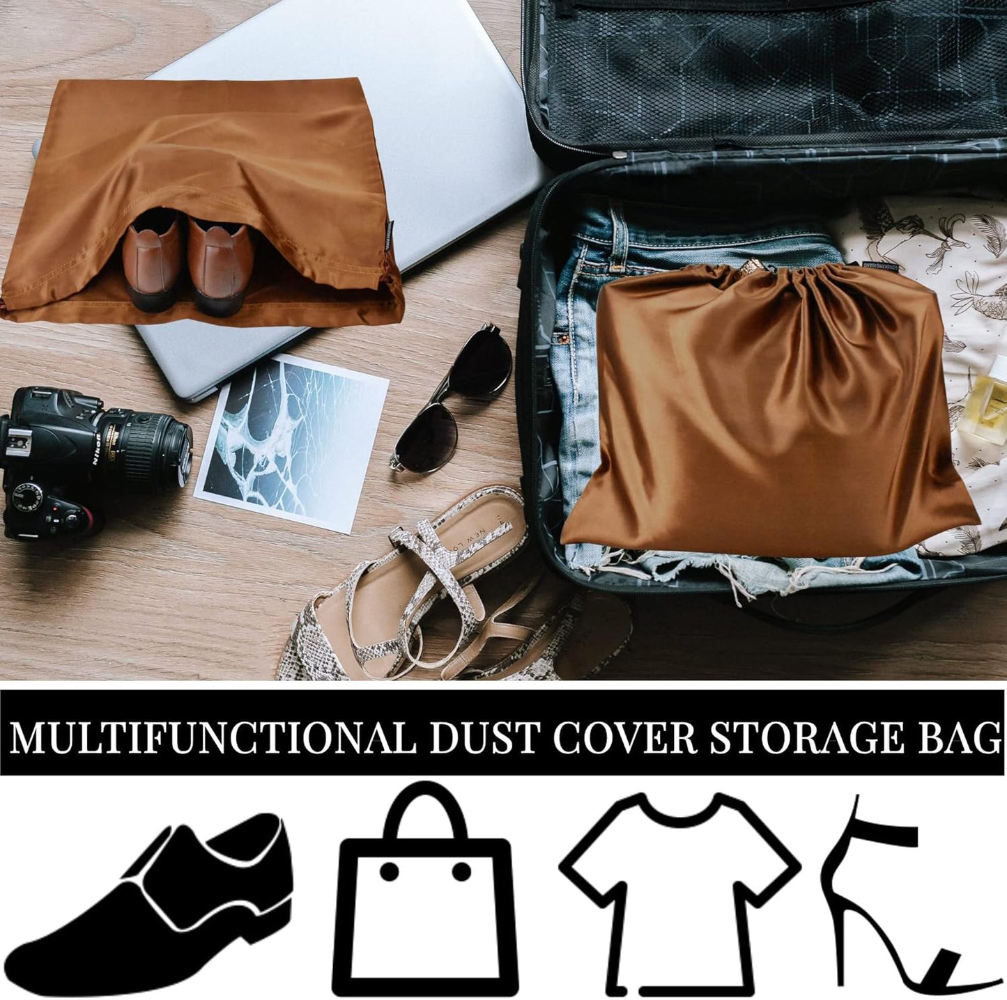 6 Pack Dust Bags for Handbags Silk Dust Cover Bag for Handbags Purses Shoes Boots, Silk Dustproof Drawstring Bag Travel Storage Pouch (Brown, 23.6 × 19.6 in)