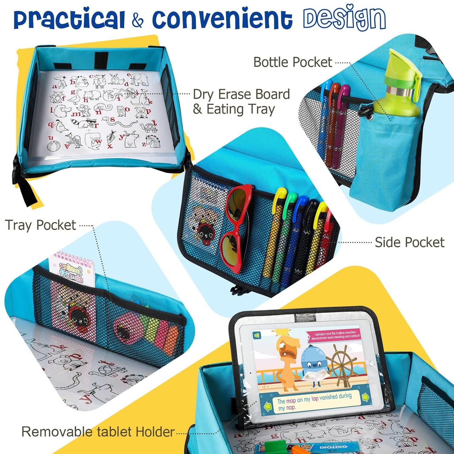 BUENAVO [New Version] Car Seat Organizer Kids Travel Tray for Kids Toddlers Activities in Car Seat, Stroller, Airplane | Waterproof Dry Erase Top | Side Pocket & Water Bottle Holder