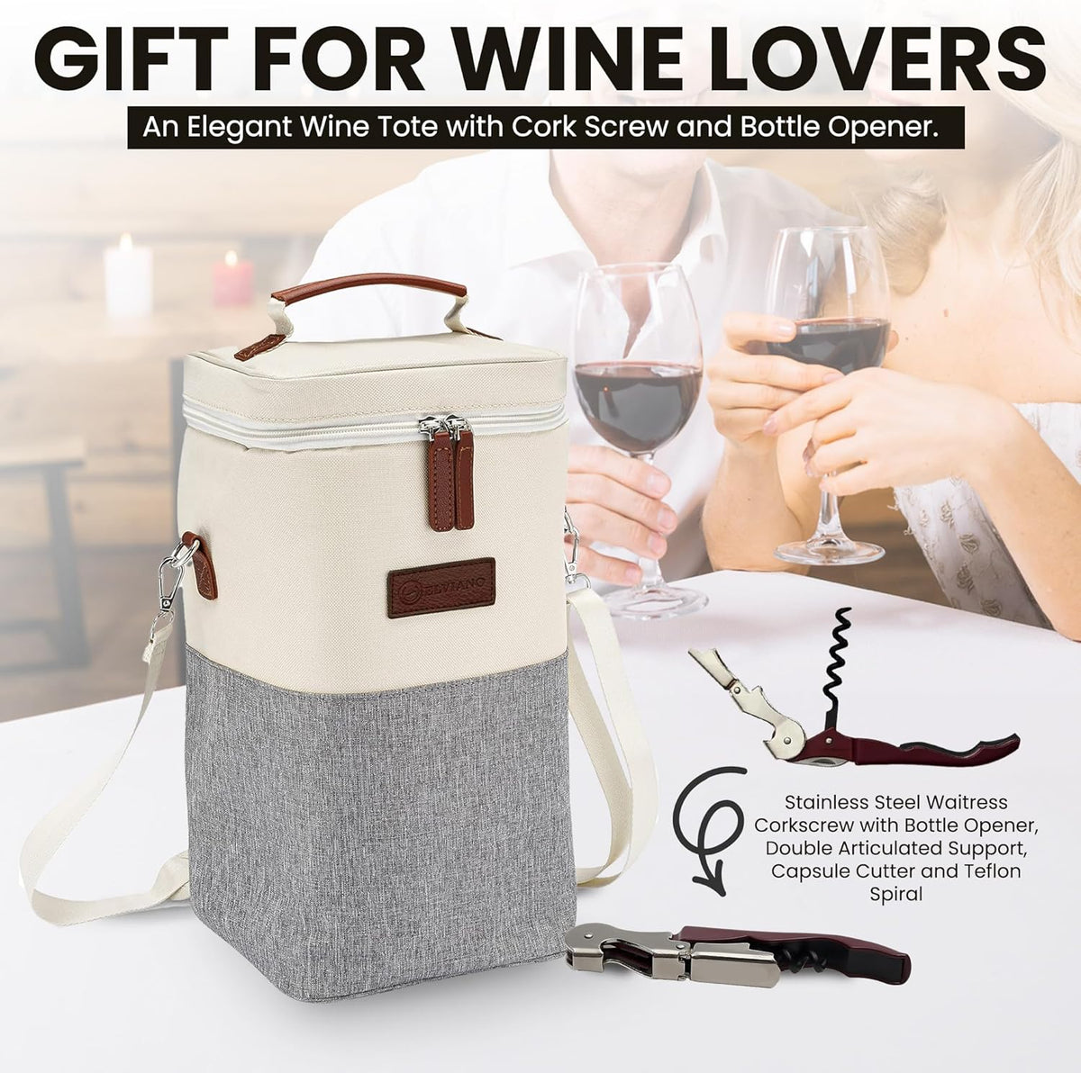 Insulated Wine Bag Cooler – Beige and Gray, Holds 4 Bottles, Wine Opener, Shoulder Strap, Expandable Zipper, 7.8 x 5 x 15 inches, Perfect for Travel & Picnic