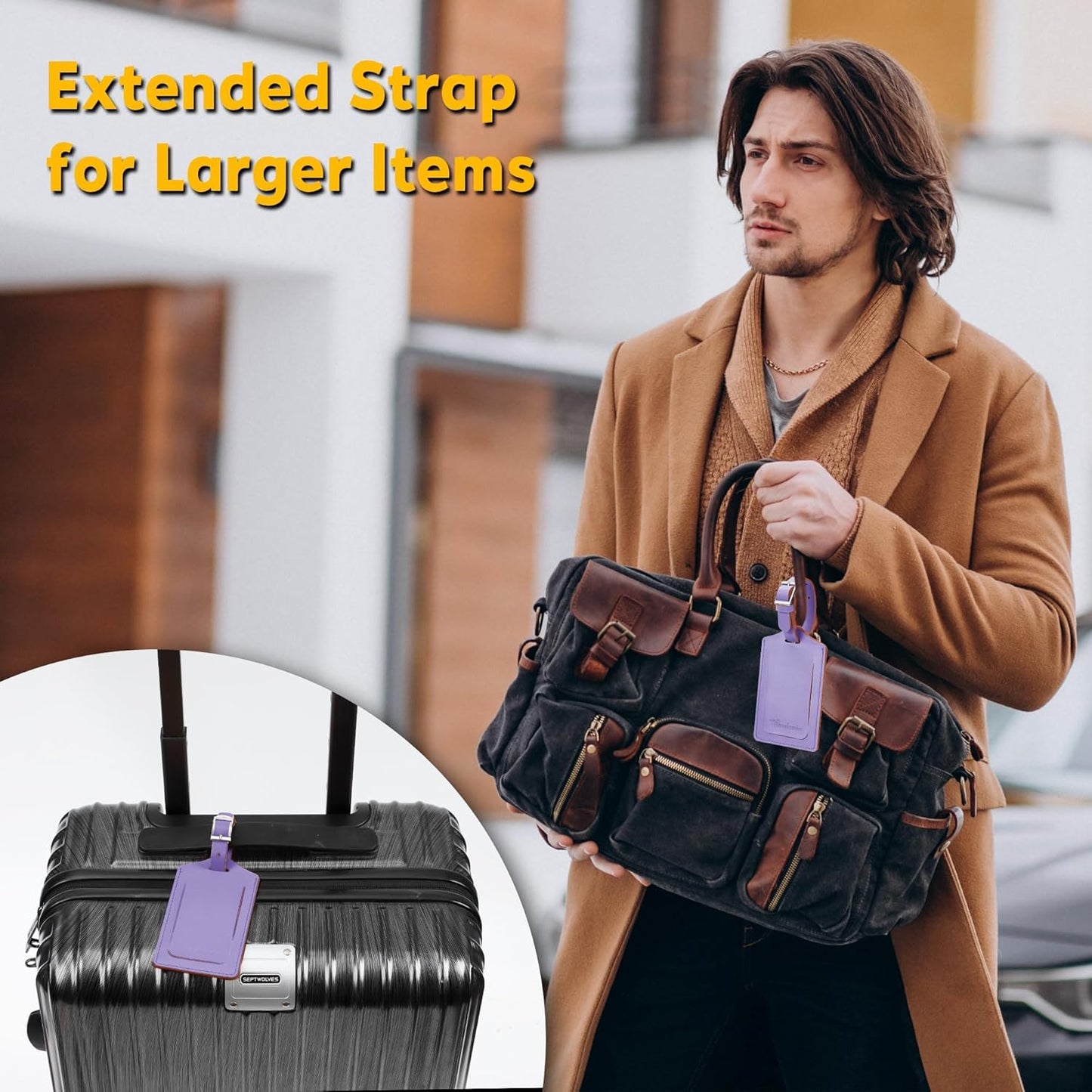 Travelambo Luggage Tags for Suitcases Faux Leather Privacy Protection 6 Pack Bag Tags Travel Accessories Essential, Classic Purple