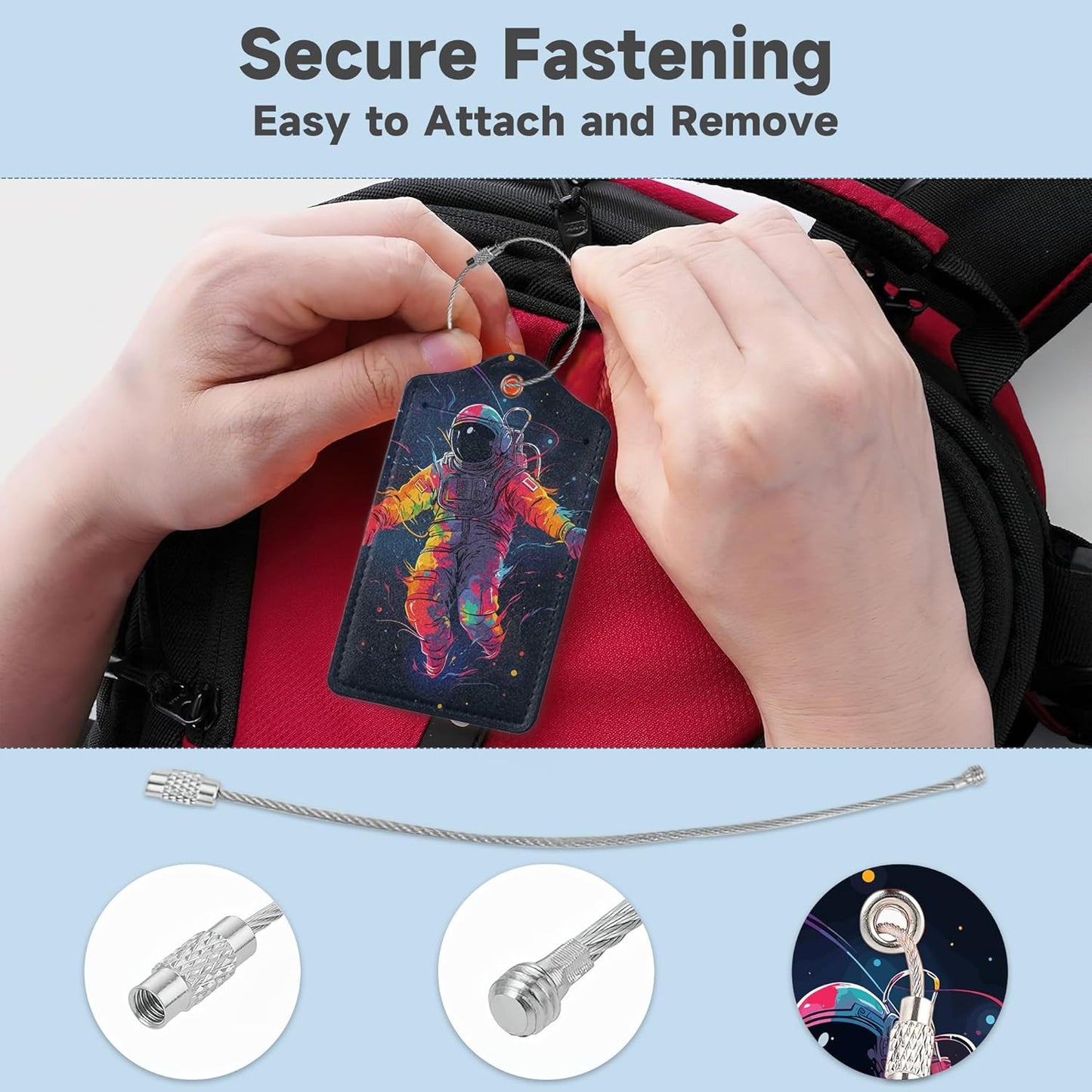 Set of 2 Luggage Tags for Suitcases, Leather Astronauts in Space Baggage Tags with Stainless Steel Loop, Privacy Name ID Card Cover Kawaii Travel Labels for Women Men Kids Girls