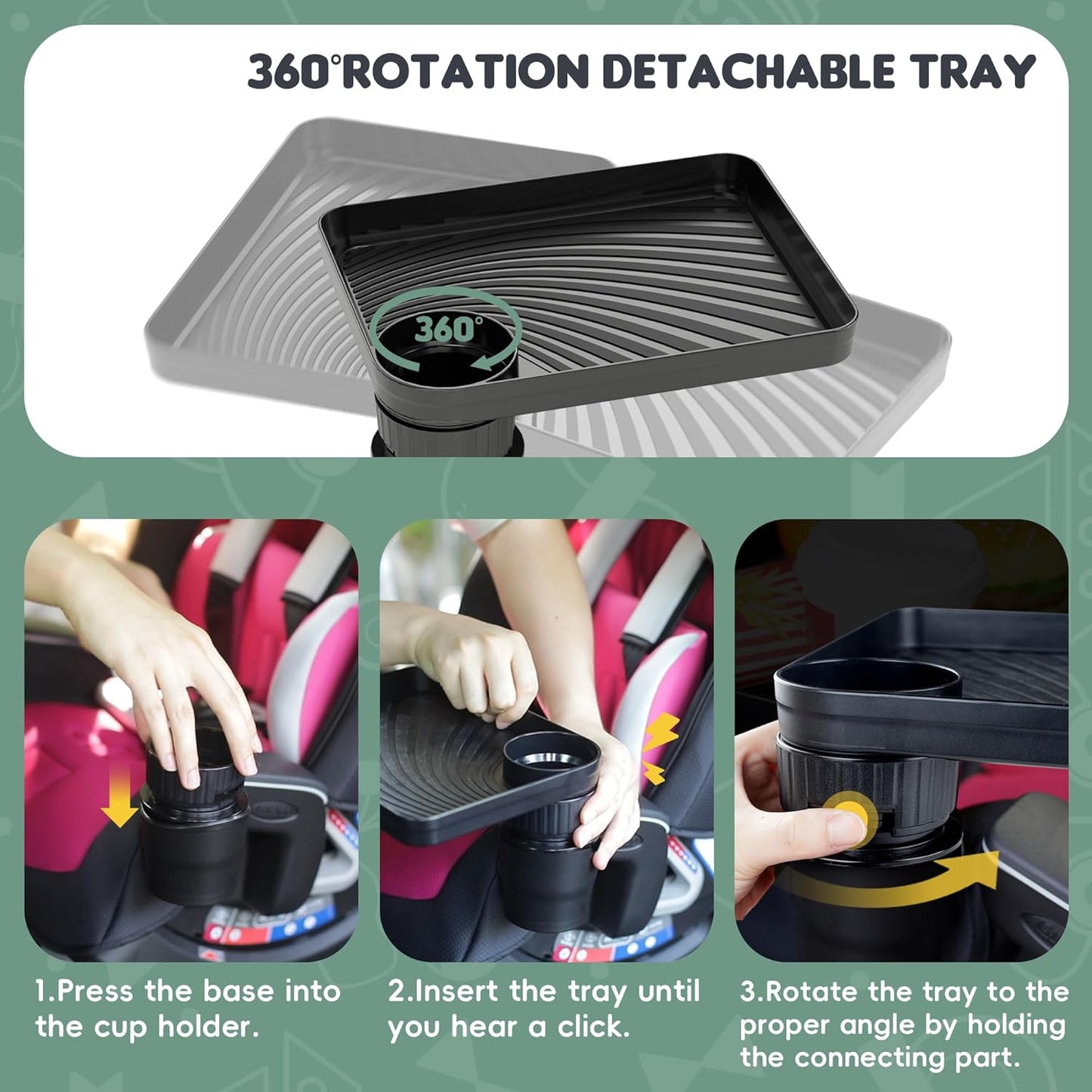 Upgraded Car Seat Tray for Kids Car Seat Tray with Expandable Base for Snacks, Toys, Books, Entertainment Kids Travel Essentials Fits 2.8''-3.2'' Cup Holders (1, Standard Base)