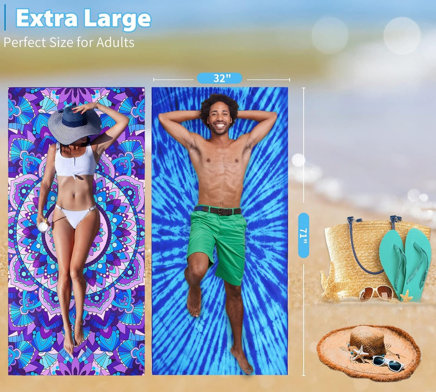 6 Pack Microfiber Thin Lightweight Beach Towel Oversized 71x32 Extra Large Sand Free Towels for Travel Swim Pool Yoga Gym Camping for Adults Women Men Beach Essentials Accessories Vacation Gift
