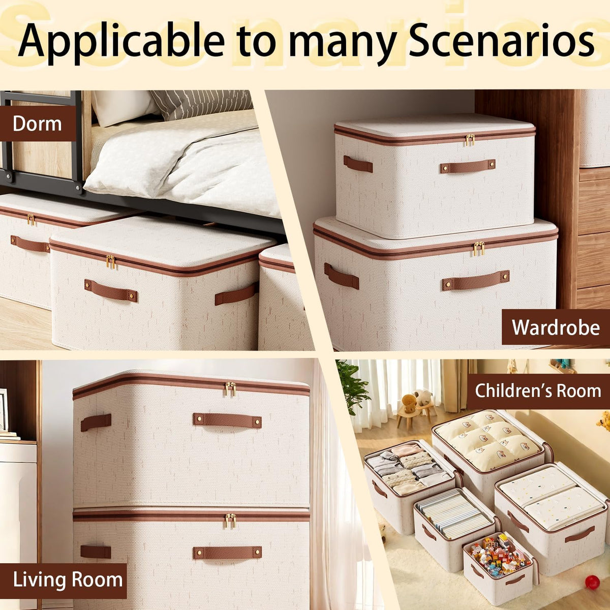 Tuza 3 Pcs Rigid Storage Bins with Zipper Lid, Cotton Linen Fabric Storage Boxes, Foldable Shelves Clothes Storage Cubes with Handles for Wardrobe, Closet(Beige, 25L)