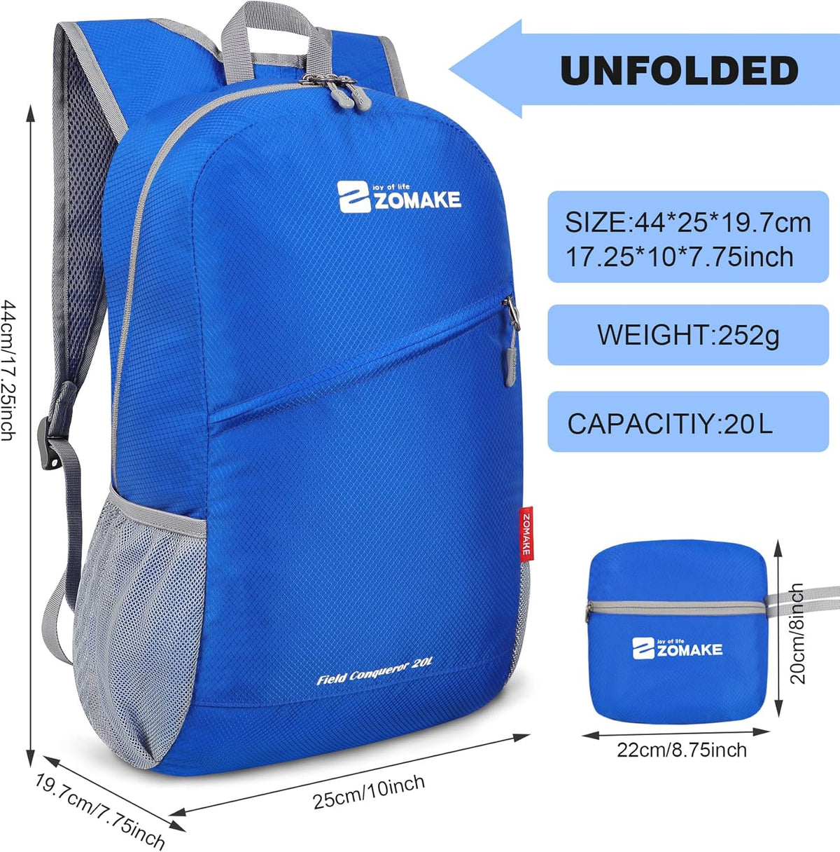 ZOMAKE Lightweight Packable Backpack 20L, Foldable Backpacks Small Daypack for Hiking Water Resistant Day Bag for Travel