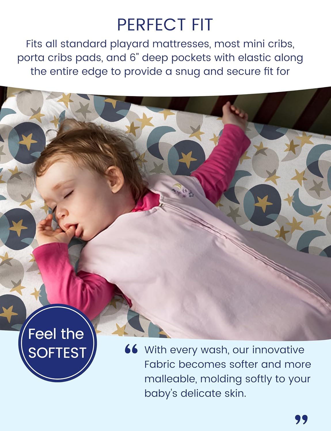 TotAha Space Mini Crib Sheets Fitted, Star & Moon Pack N Play Sheets, Super Stretchy Jersey Knit Playard Sheets, Compatible with Graco Pack N Play Playard Crib and Other Playpen Mattress