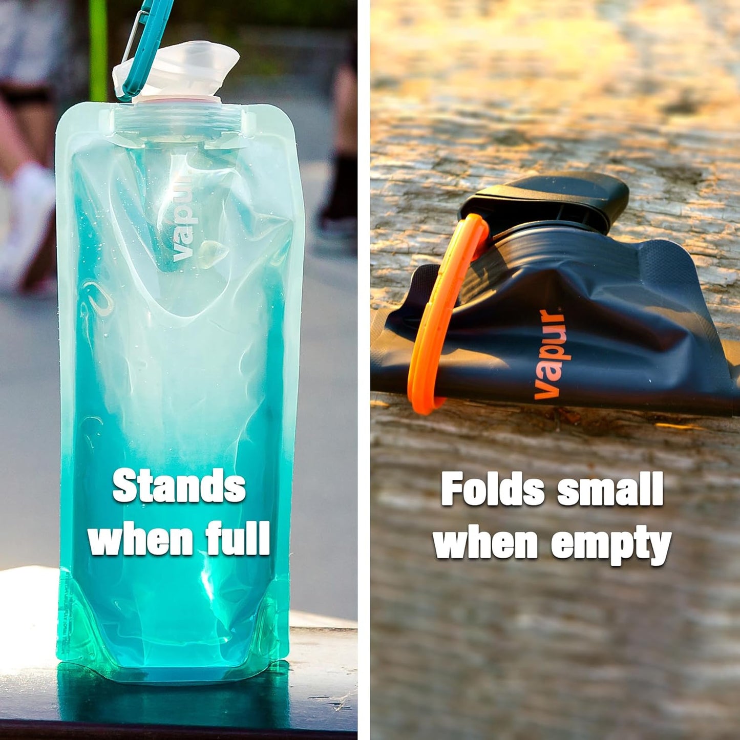 Vapur Collapsible Water Bottle With Carabiner, Compact Bottle Folds Flat For Hydration On The Go, Ideal for Traveling, Hiking or Camping, 34 Ounce, Grey & Teal, Pack of 1