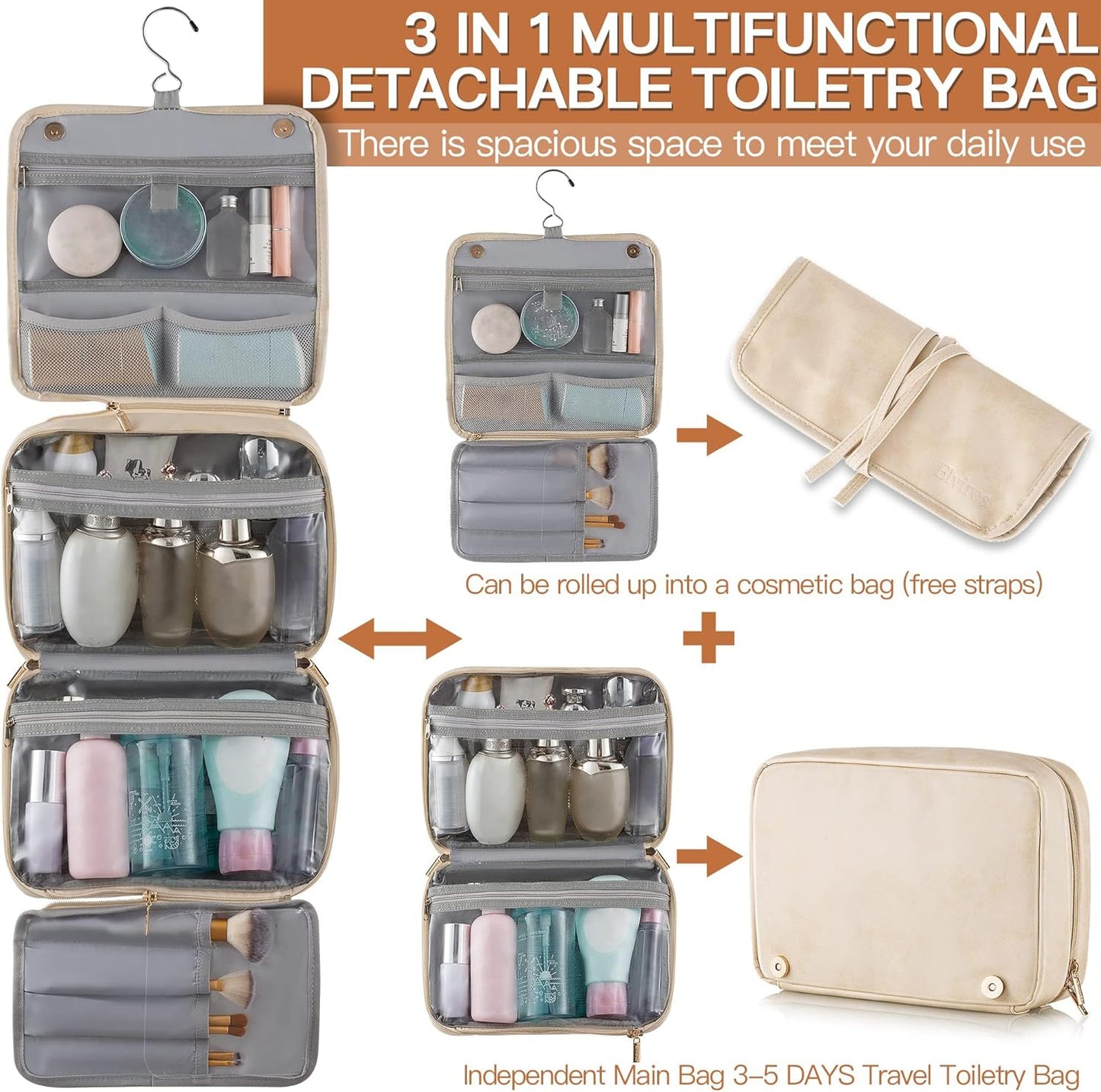 Elviros Hanging Travel Toiletry Bag for Women, 3-in-1 Large Makeup Bag and Cosmetic Organizer, Vegan Leather Waterproof Skincare Case for Travel Size Toiletries and Accessories