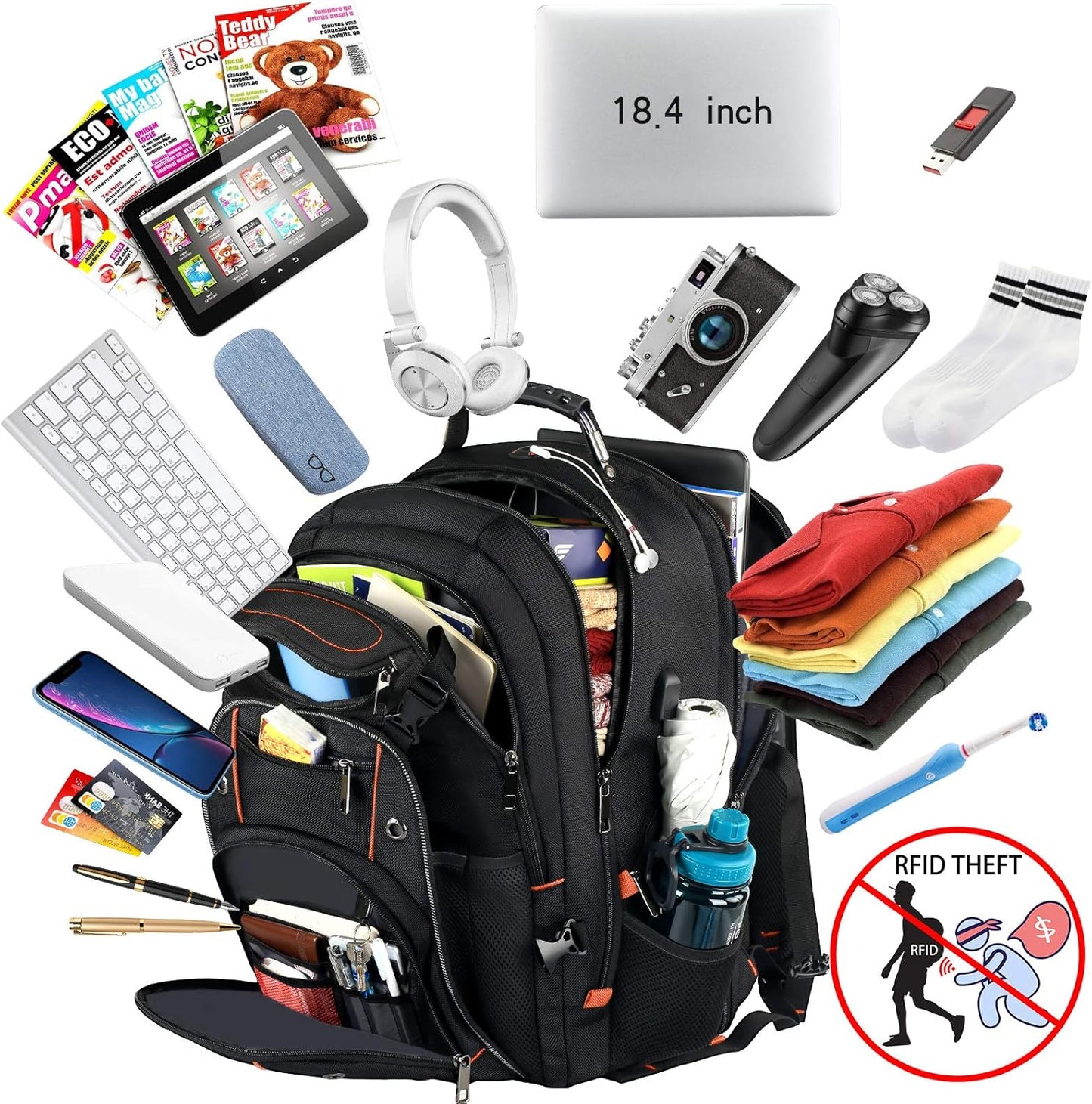 VECKUSON 18.4 Laptop Backpack for Men, 55L Extra Large Gaming Laptops Backpack with USB Charger Port,TSA Friendly Flight Approved and RFID Anti-Theft Pocket