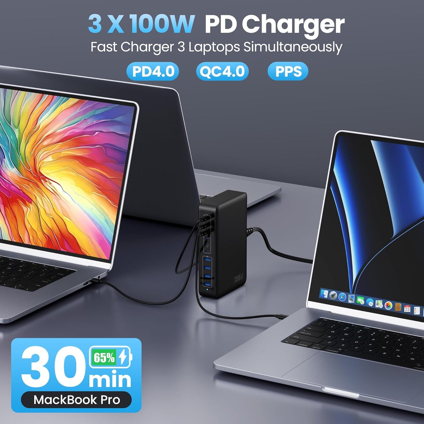730W USB C Charger Block,10-Ports GaN V Fast Charging Station Hub,QC4.0+3 PD 100W Laptop Charger Wall Power Adapter for MacBook Pro/Air,DELL,iPhone 17/16/15/14,iPad,Galaxy S25,Pixel,Steam Desk-Black