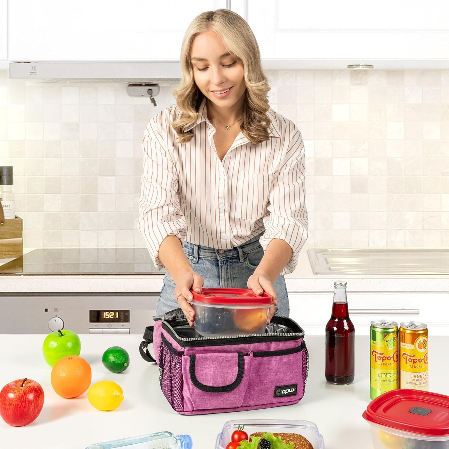 opux Lunch Bag Women Insulated, Adult Lunch Box Cooler, Lunch Box for Men, Dual Compartment Lunchbox for Work, Leakproof Double Decker Lunch Bag, Soft Lunch Pail Tote Girls Boys Kids School, Pink