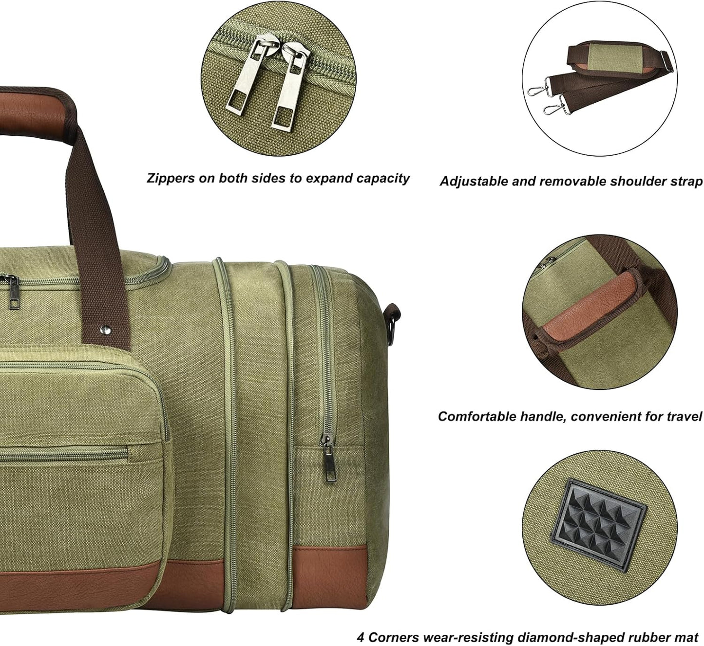 Litvyak Duffle Bag for Travel, Large 60L Canvas Travel Duffel Bags Overnight Weekend Gym Carry On Luggage Bag for Men & Women(Army Green)